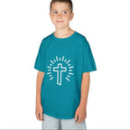 child wearing Cross Kids tee, turquoise, unisex fit, Christian kids shirt, faithful Christianity apparel
