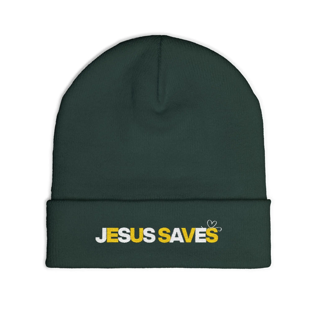 Dark green beanie  embroidered 'Jesus Saves', christianity Jesus apparel, faithful christianity apparel