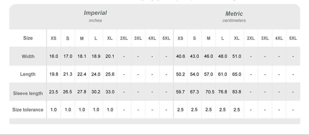 Measurement chart comparing imperial and metric sizes for width, length, and sleeve length. by his blood shop Christian clothing brand 