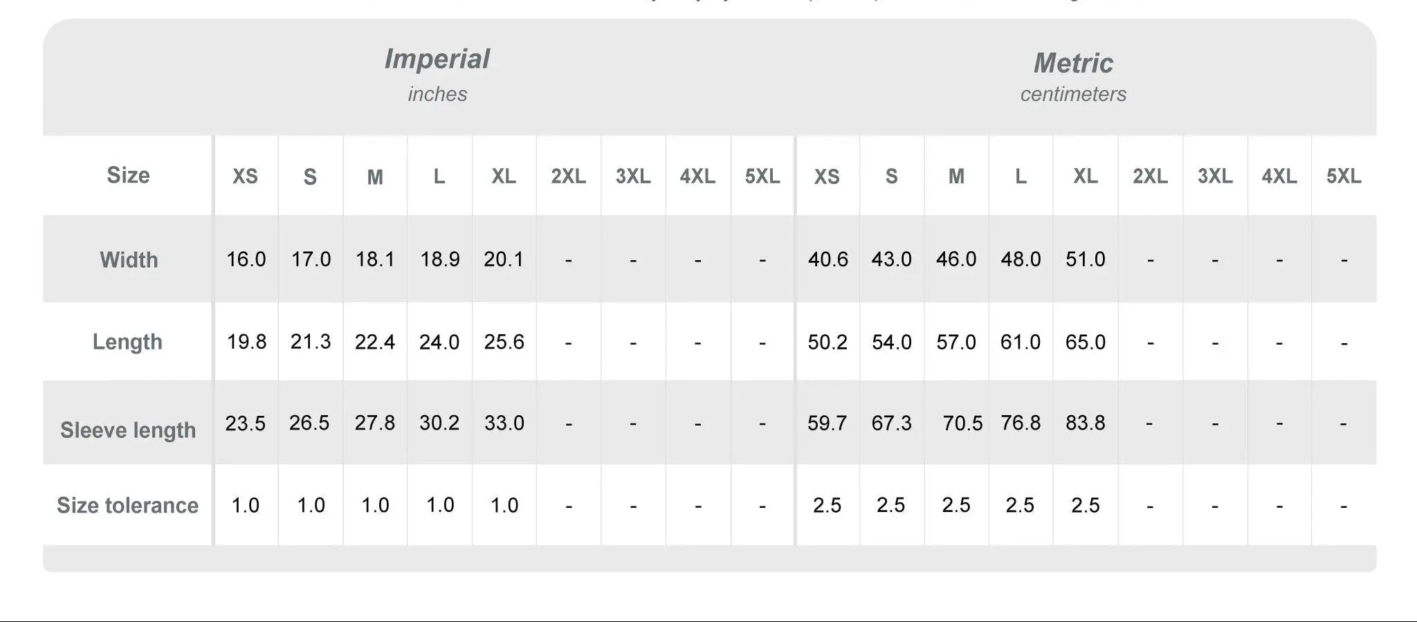 Measurement chart comparing imperial and metric sizes for width, length, and sleeve length. by his blood shop Christian clothing brand 