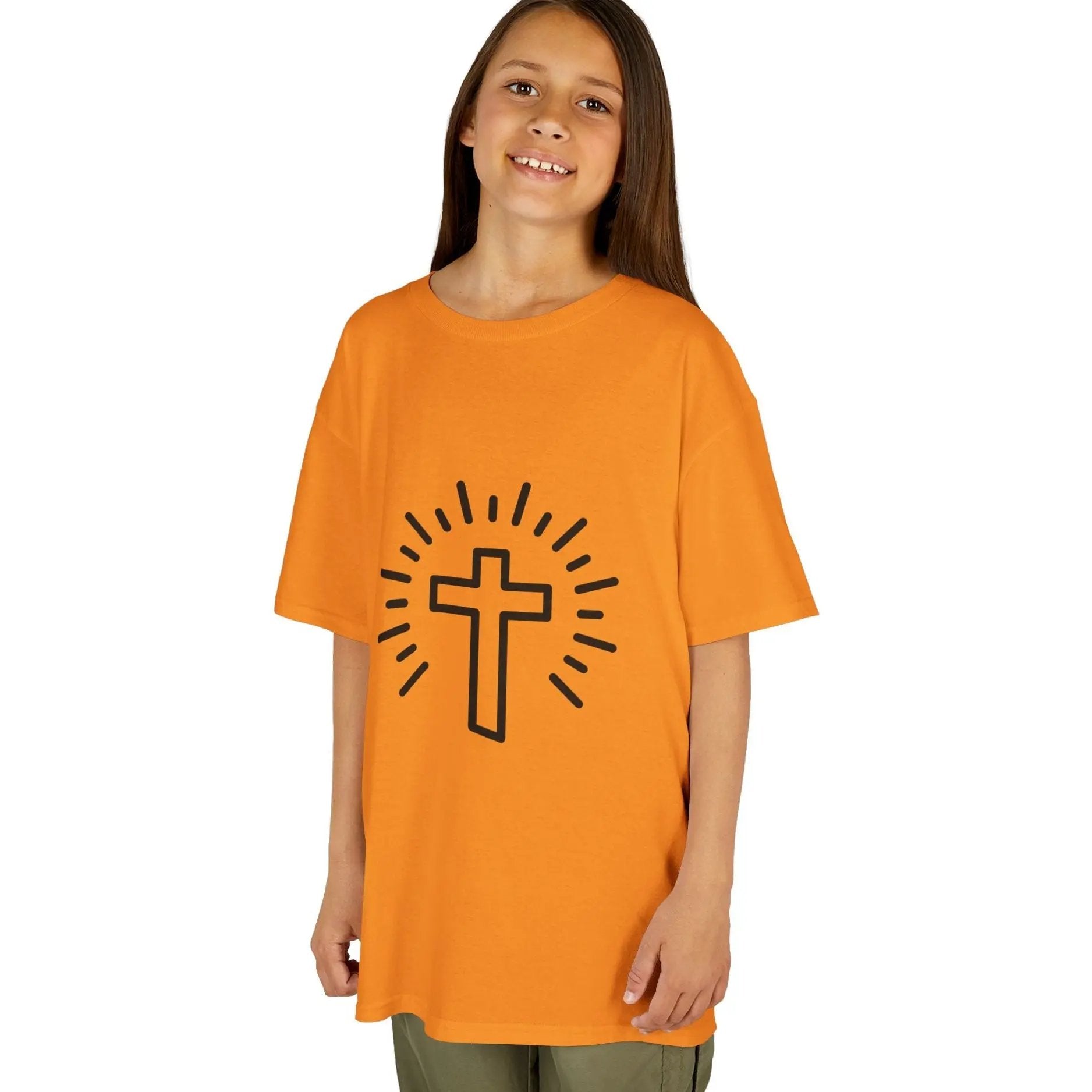 child wearing Cross Kids tee, orange, unisex fit, Christian kids shirt, faith apparel, christianity bible verse gifted shirt