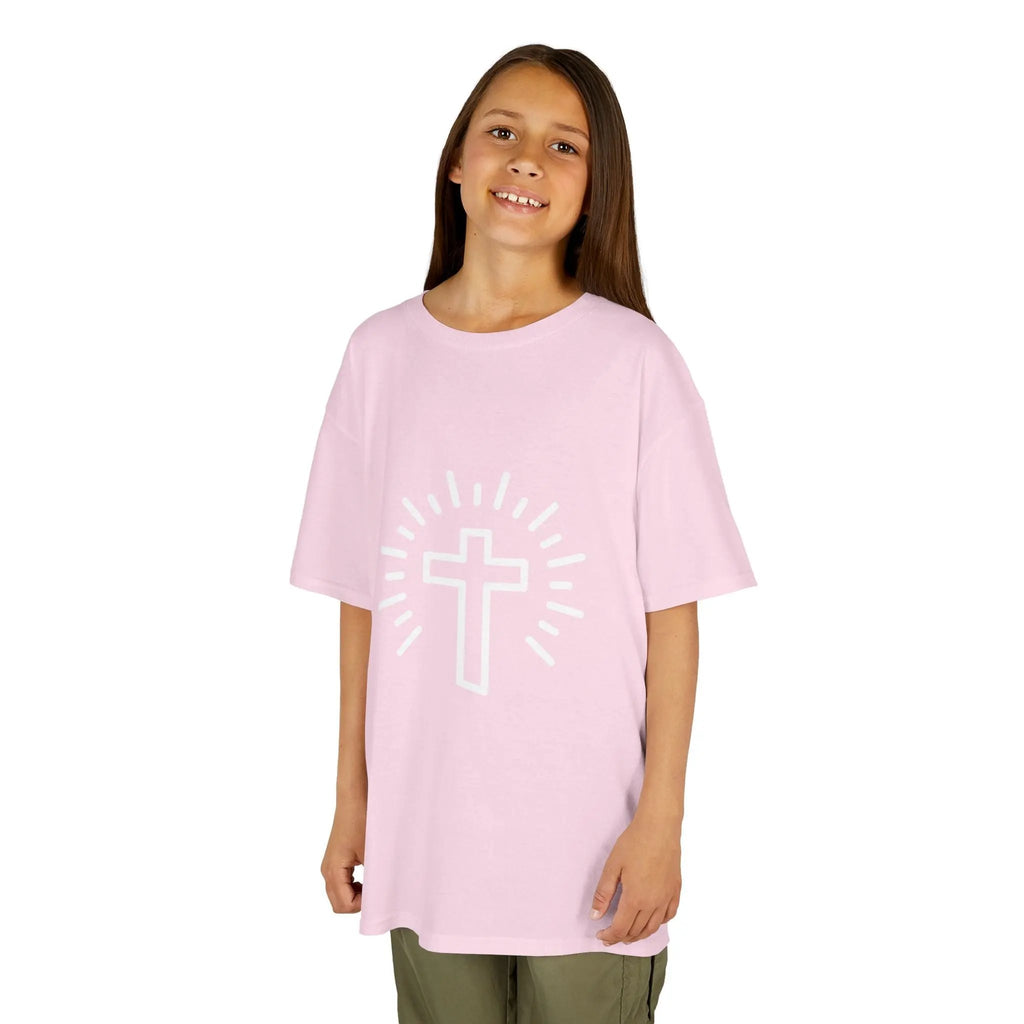 child wearing Cross Kids tee, pink, unisex fit, Christian kids shirt, faith apparel, Christianity bible verse gifted shirt