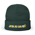 Dark green beanie with embroidered 'Jesus Saves', christianity Jesus, faith apparel