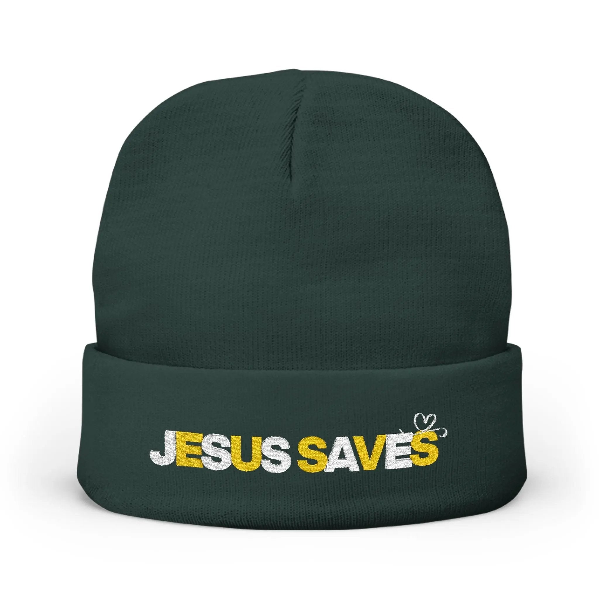 Dark green beanie with embroidered 'Jesus Saves', christianity Jesus, faith apparel