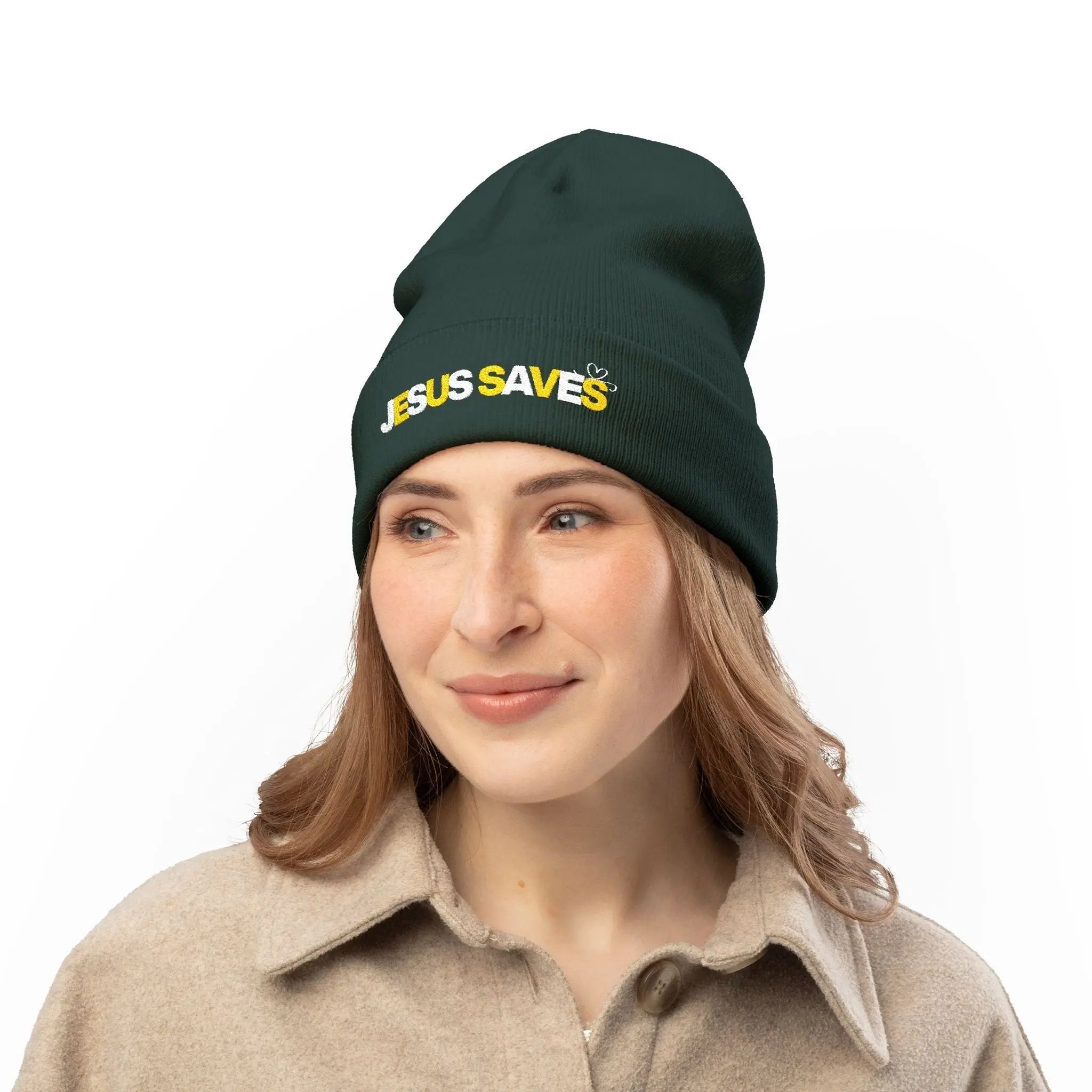 Person wearing dark green embroidered Jesus Saves beanie, Christianity Jesus