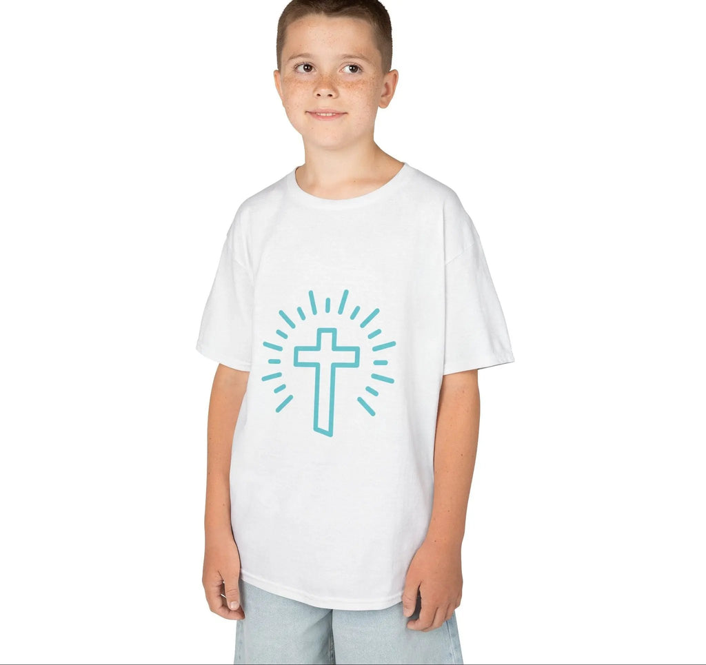 child wearing Cross Kids tee, white, unisex fit, Christian kids shirt, faithful christianity apparel
