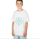 child wearing Cross Kids tee, white, unisex fit, Christian kids shirt, faithful christianity apparel
