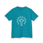 Cross Kids tee, turquoise, unisex fit, Christian kids shirt, faith apparel, Jesus kids clothing
