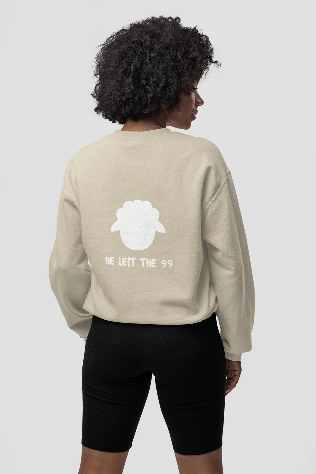 Back view of He Left 99 sweatshirt, sand color, unisex fit, faith sweatshirt, Christian apparel
