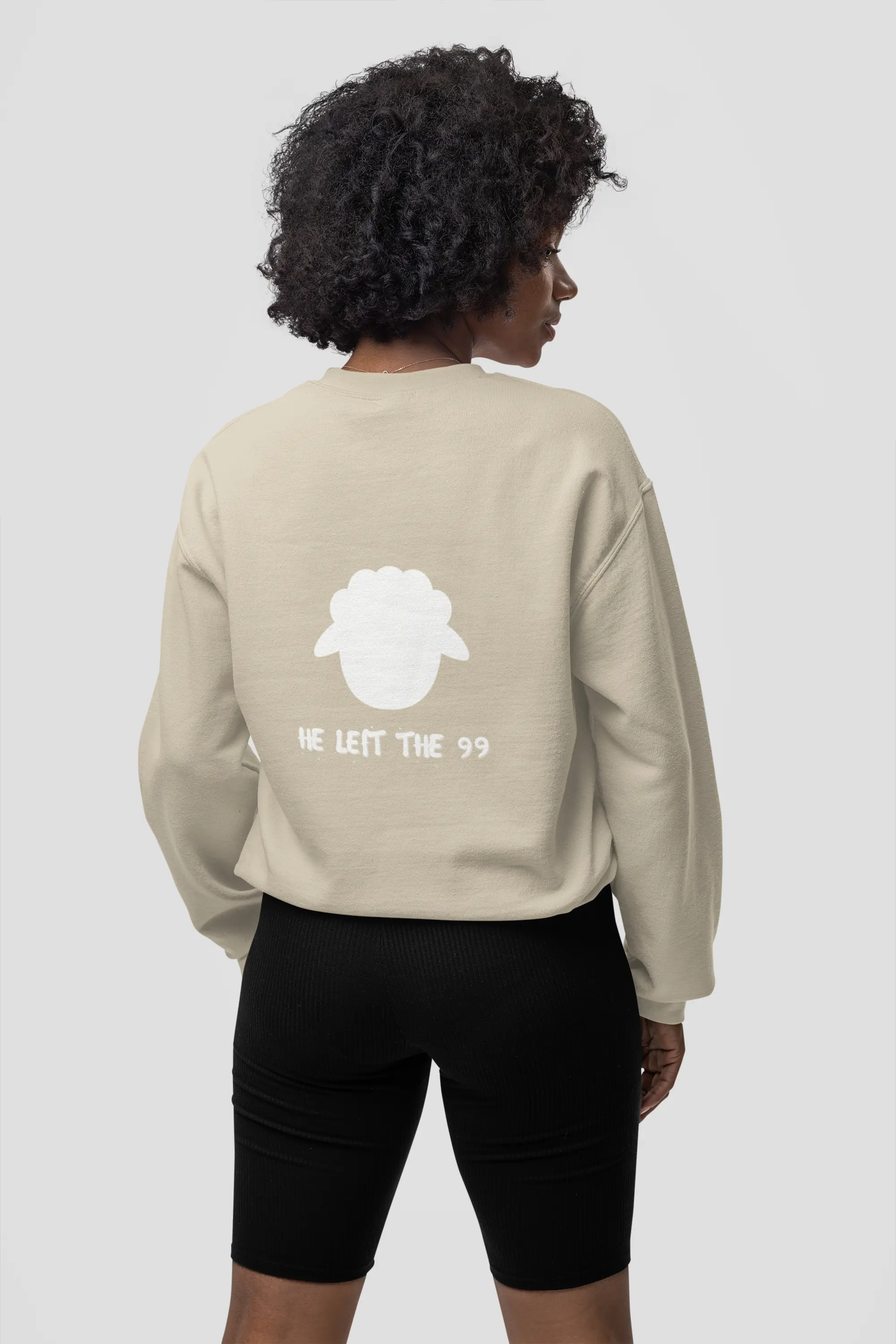 Back view of He Left 99 sweatshirt, sand color, unisex fit, faith sweatshirt, Christian apparel
