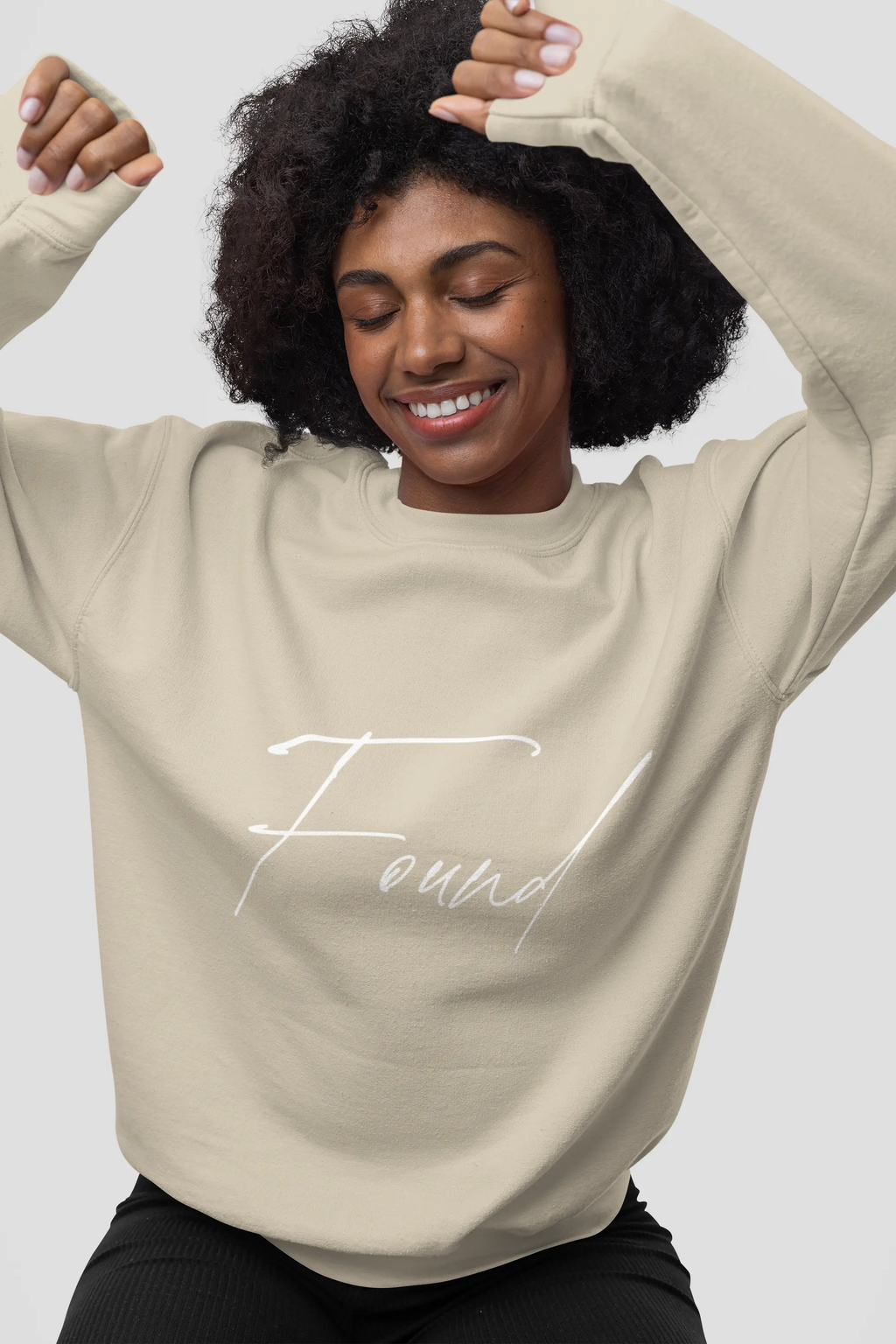 woman wearing He Left 99 sweatshirt, sand color, unisex fit, faith sweatshirt, Christian streetwear by his blood shop
