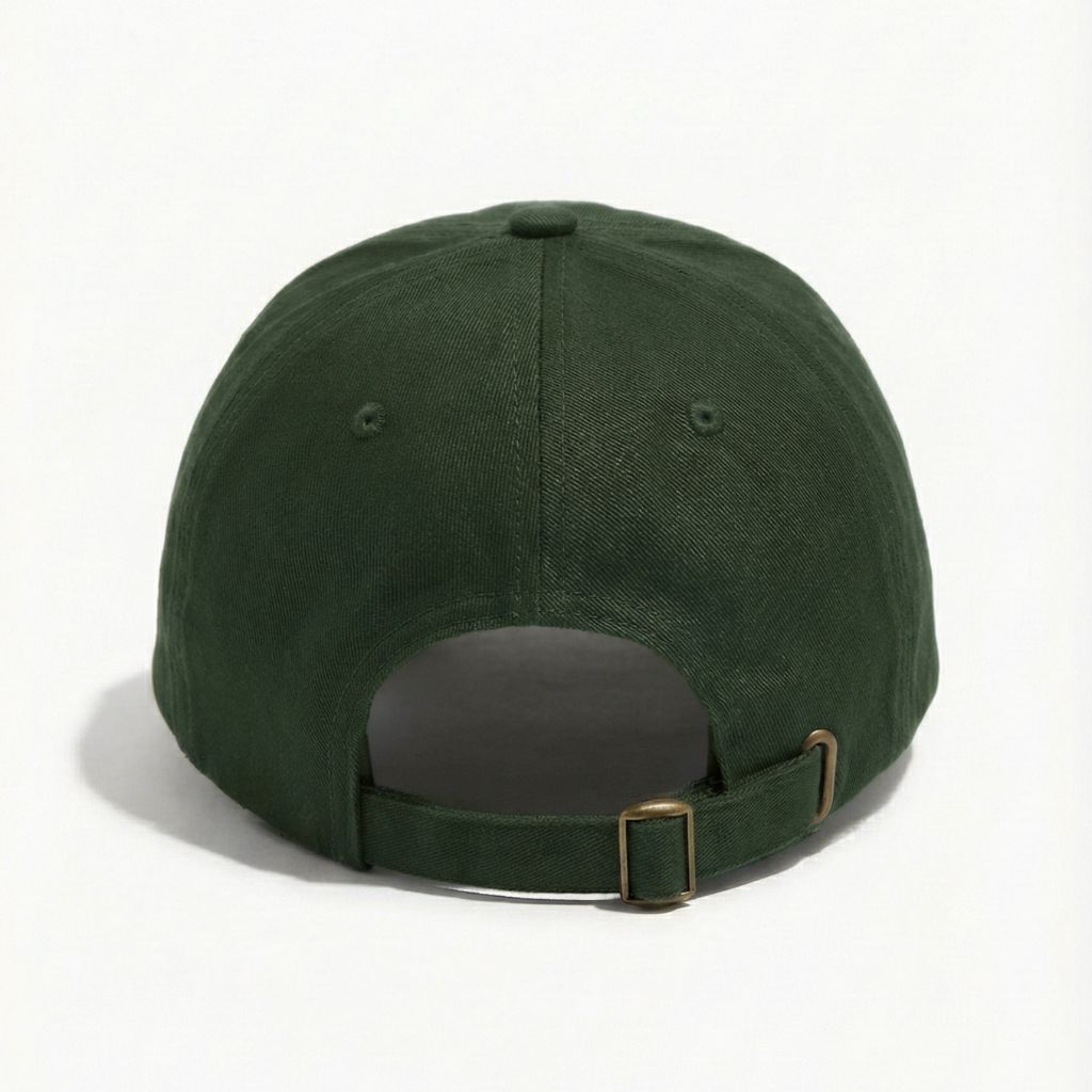 back view of Detailed embroidery on a green Christian hat with 'Don't Worry Worship' text, minimalist faith-based headwear