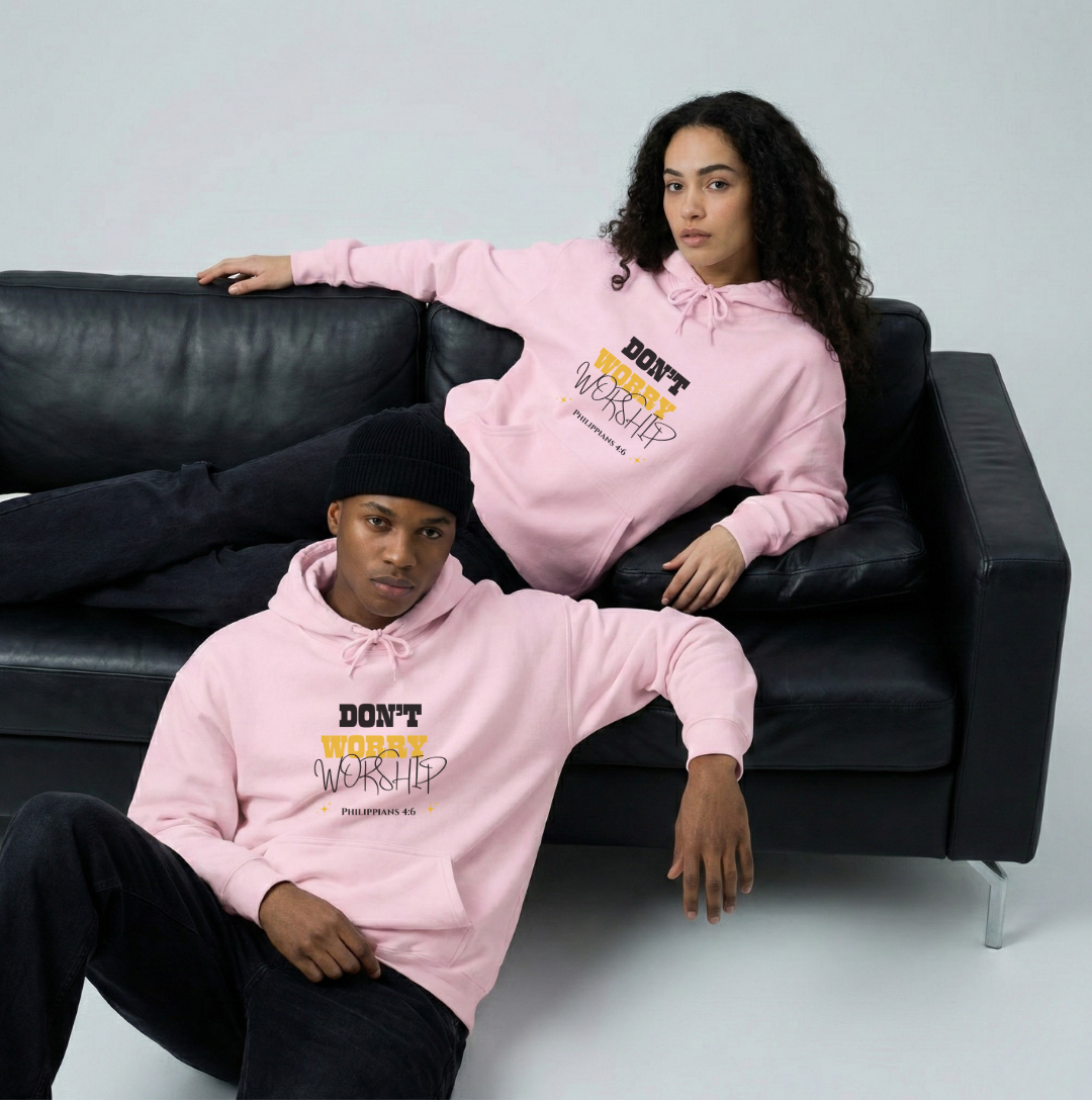 2 models wearing pink petal worship hoodie heavy-weight Christian streetwear hoodie minimalist design for a modern faith based look
