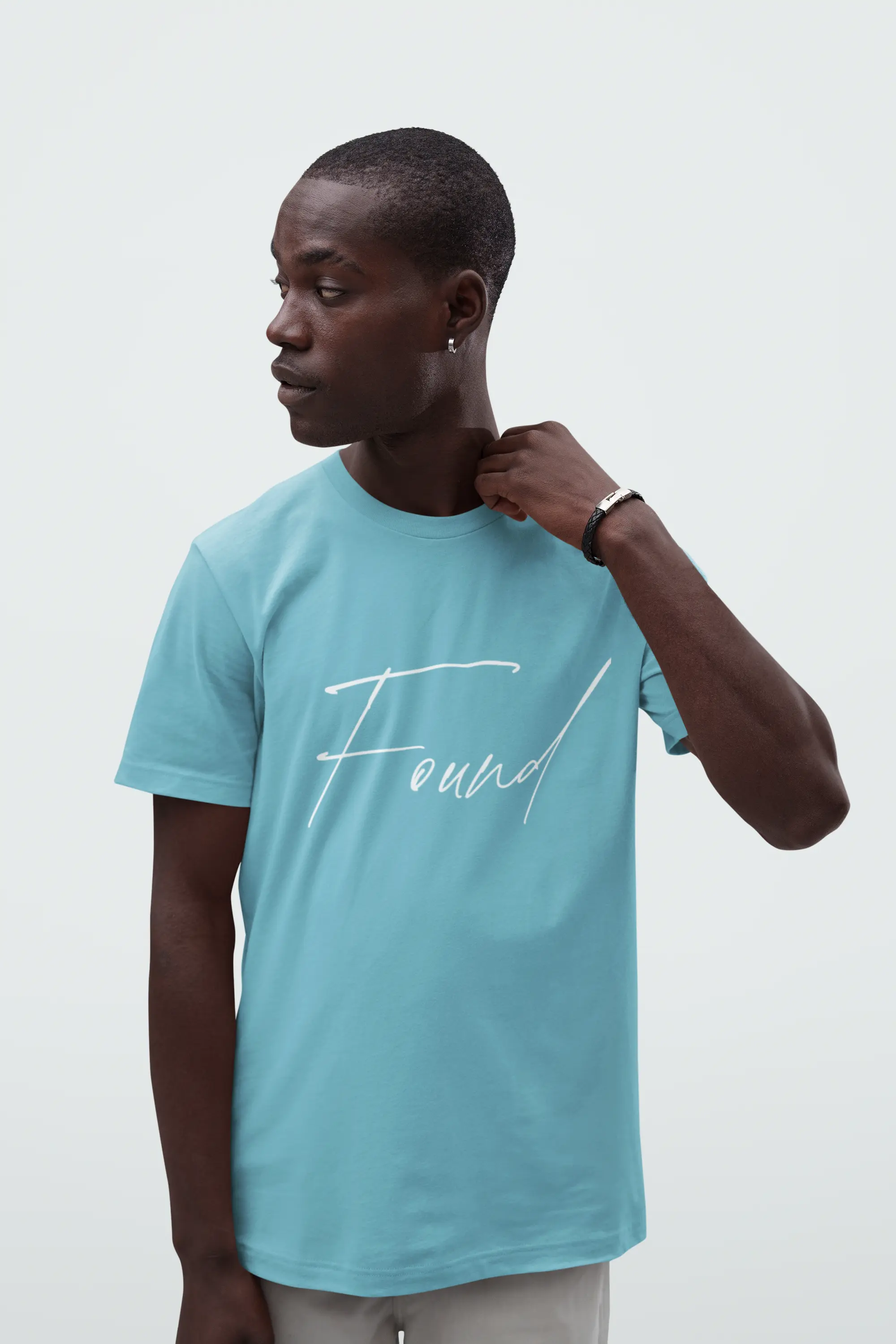 man wearing found tee, turquoise, unisex fit, Jesus gifted shirt, Christian bible verse shirt 