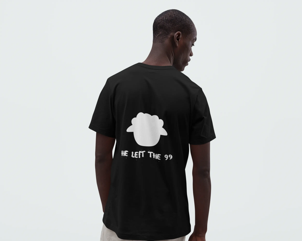 man wearing Back view of found tee, black, unisex fit, faith Christianity Jesus, Christian bible verse shirt 
