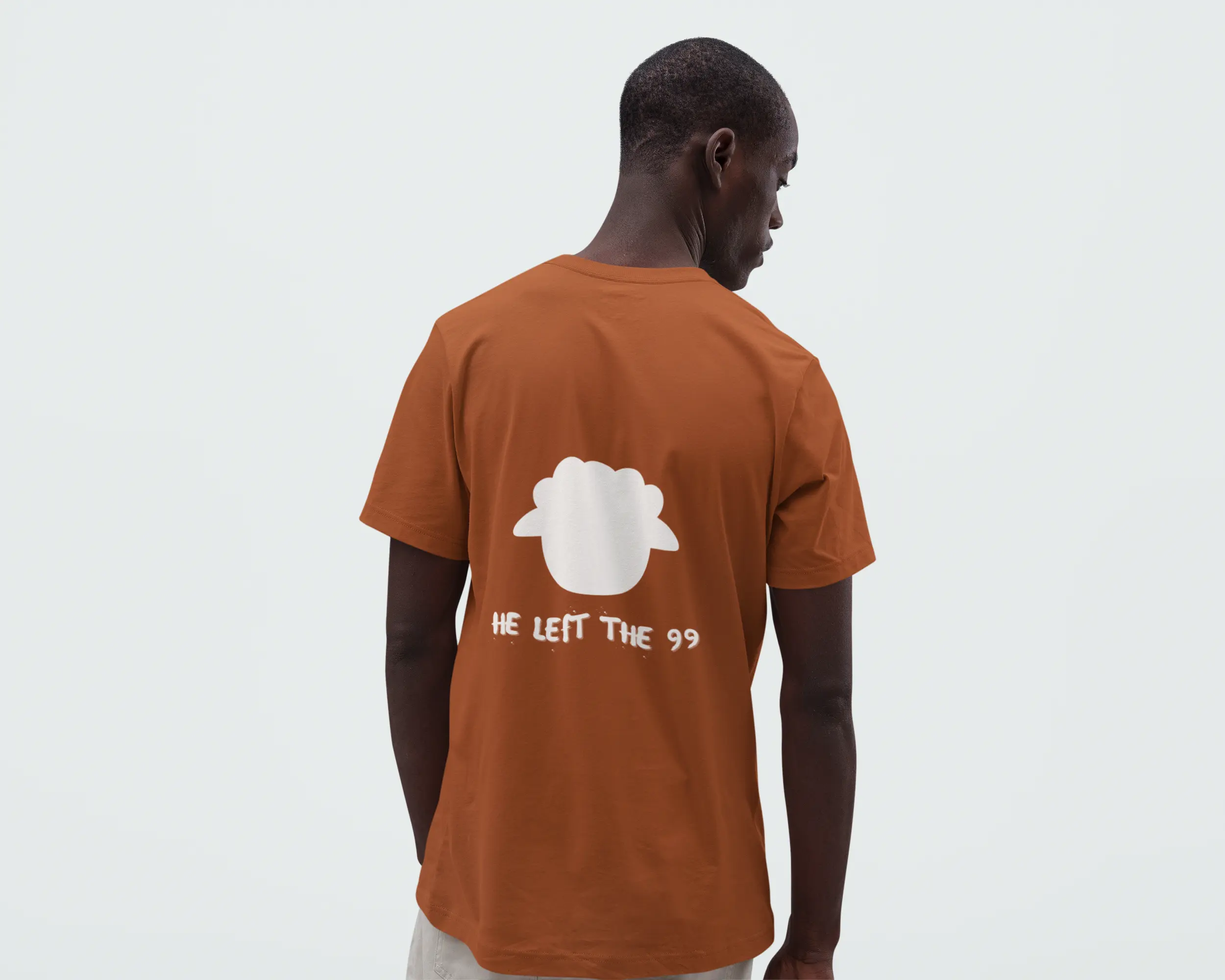 back view man wearing found tee, autumn color, unisex fit, faithful christian apparel, Christian bible verse shirt 