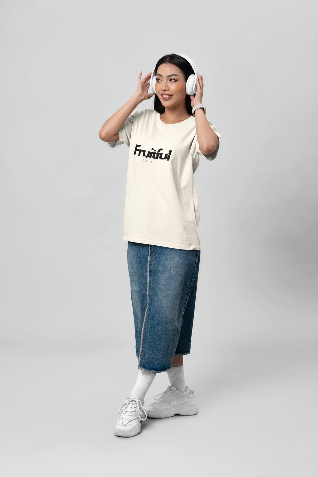 person wearing Fruitful Faith tee, natural color, unisex fit, Christian shirt, christian faith apparel, faith christian clothes