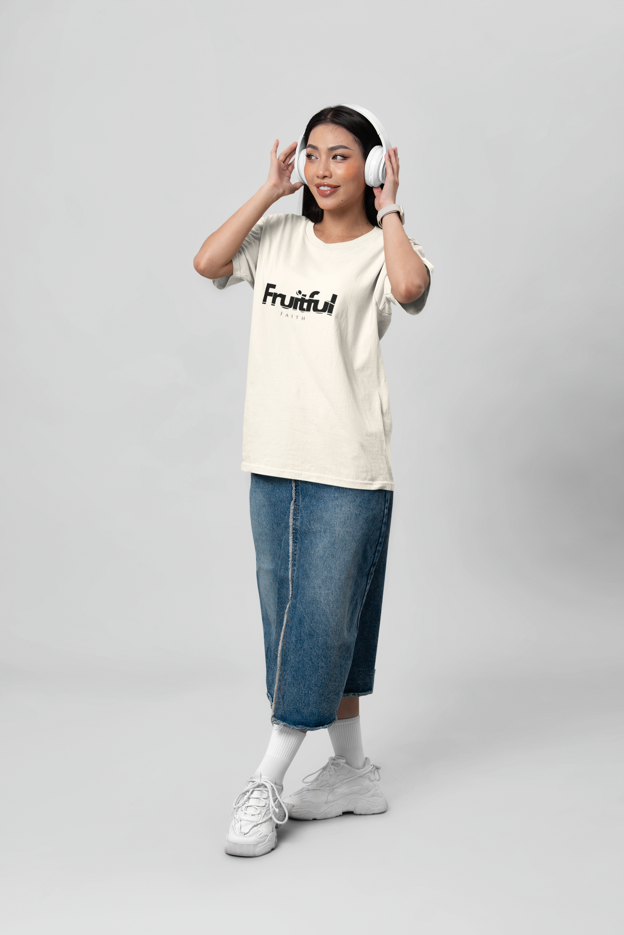 person wearing Fruitful Faith tee, natural color, unisex fit, Christian shirt, christian faith apparel, faith christian clothes